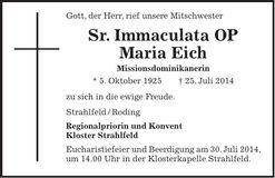 Traueranzeige Maria Eich Sr. Immaculata OP