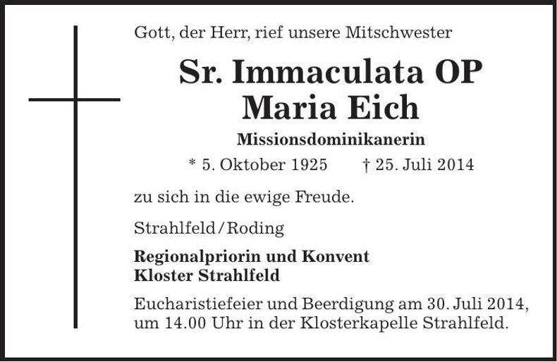 Traueranzeige Maria Eich Sr. Immaculata OP