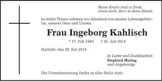 Traueranzeige Ingeborg Kahlisch
