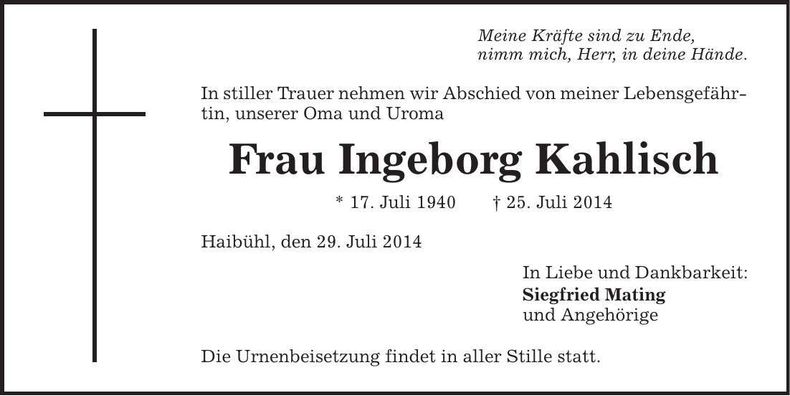 Traueranzeige Ingeborg Kahlisch