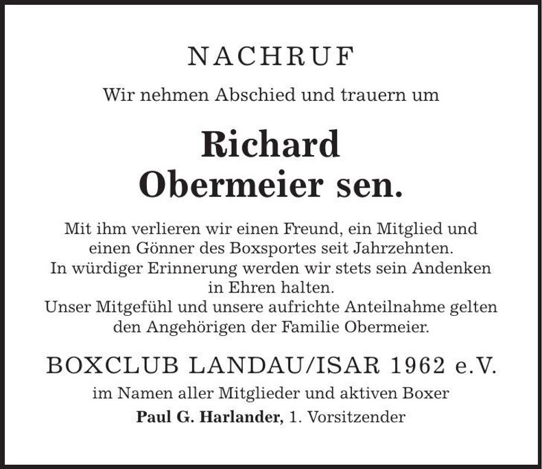 Traueranzeige Richard Obermeier