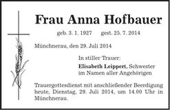 Traueranzeige Anna Hofbauer