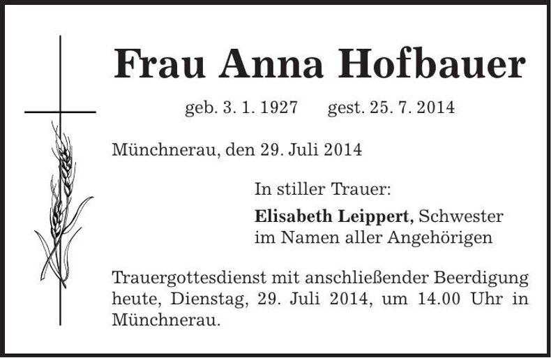 Traueranzeige Anna Hofbauer