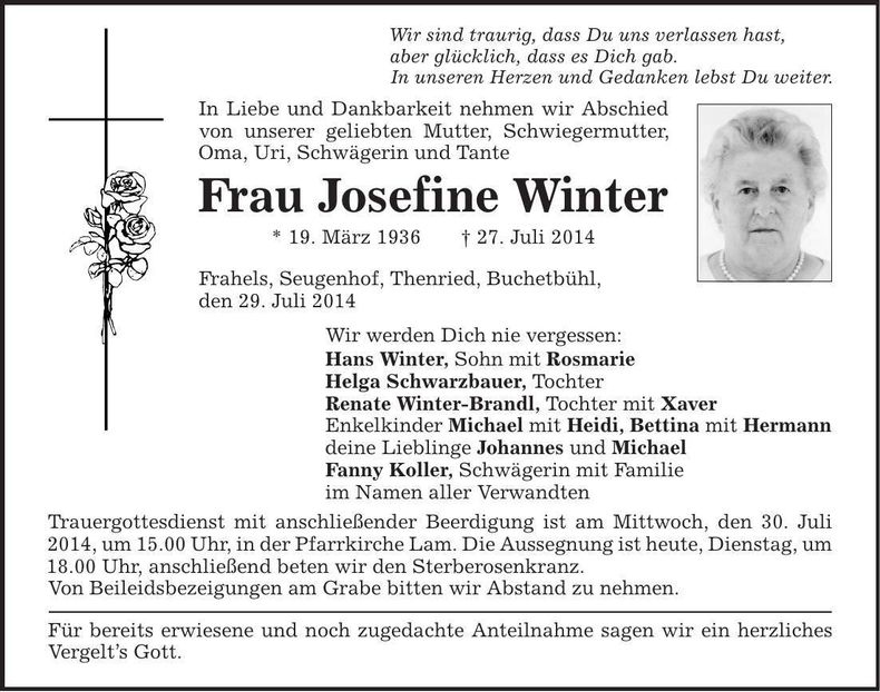 Traueranzeige Josefine Winter