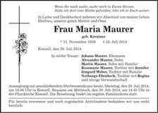 Traueranzeige Maria Maurer