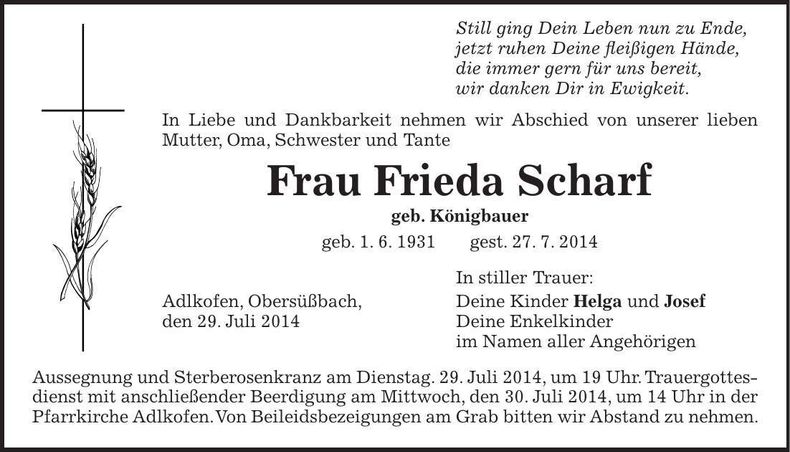 Traueranzeige Frieda Scharf