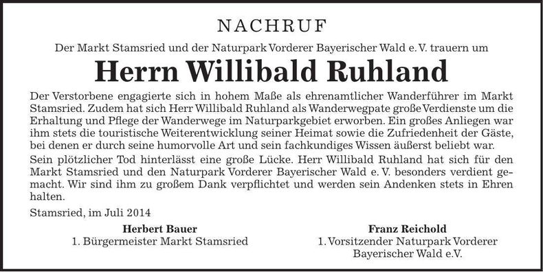 Traueranzeige Willibald Ruhland
