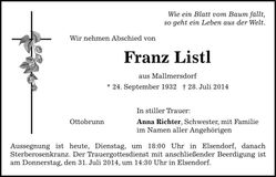 Traueranzeige Franz Listl