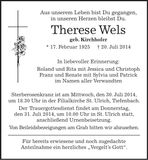 Traueranzeige Therese Wels