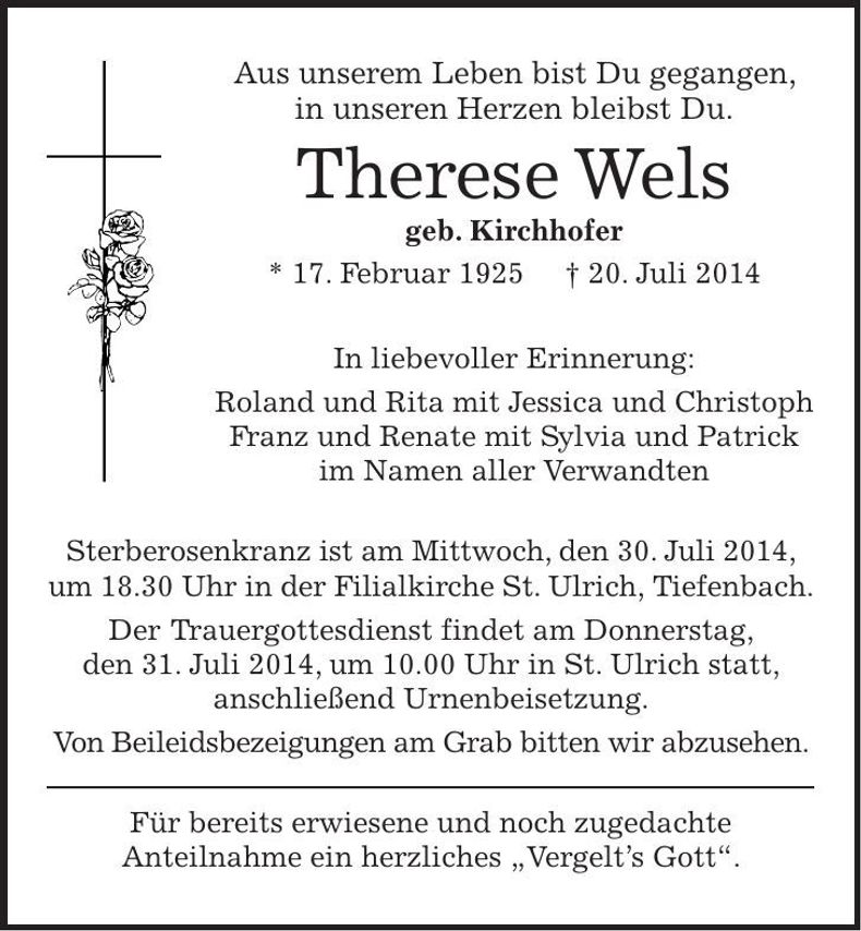 Traueranzeige Therese Wels