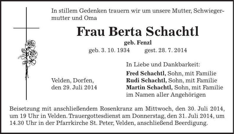 Traueranzeige Berta Schachtl
