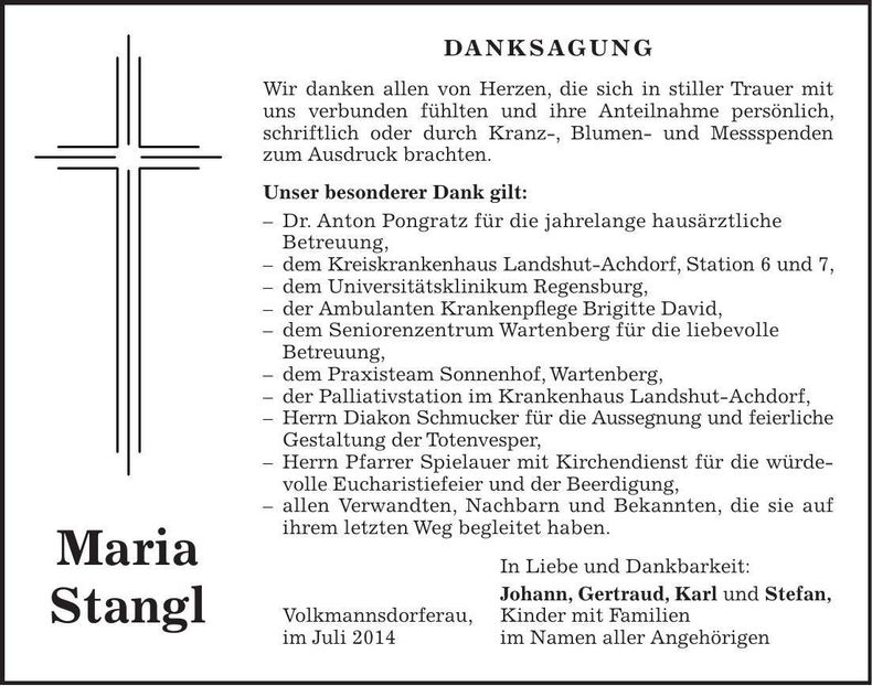 Traueranzeige Maria Stangl
