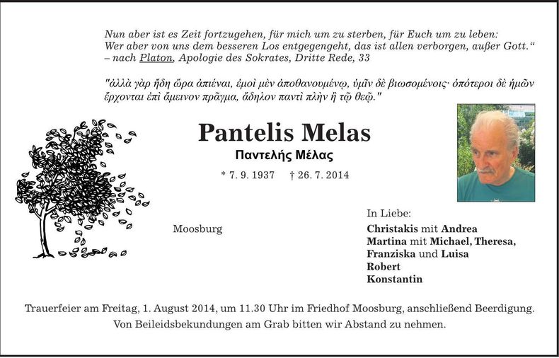 Traueranzeige Pantelis Melas
