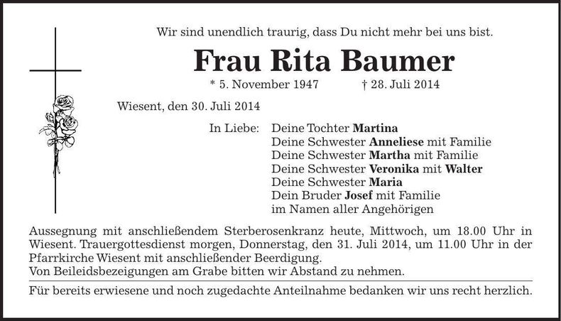 Traueranzeige Rita Baumer