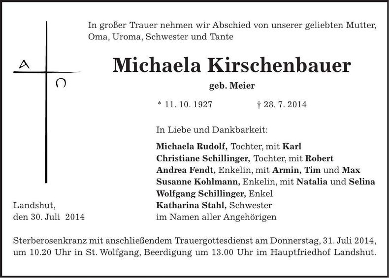 Traueranzeige Michaela Kirschenbauer