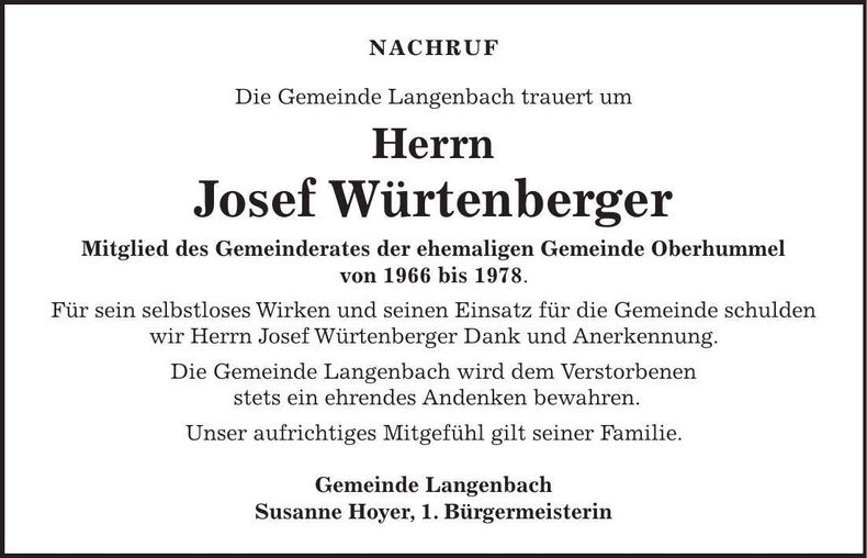 Traueranzeige Josef Würtenberger