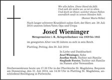 Traueranzeige Josef Wieninger