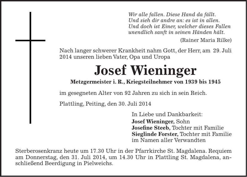 Traueranzeige Josef Wieninger