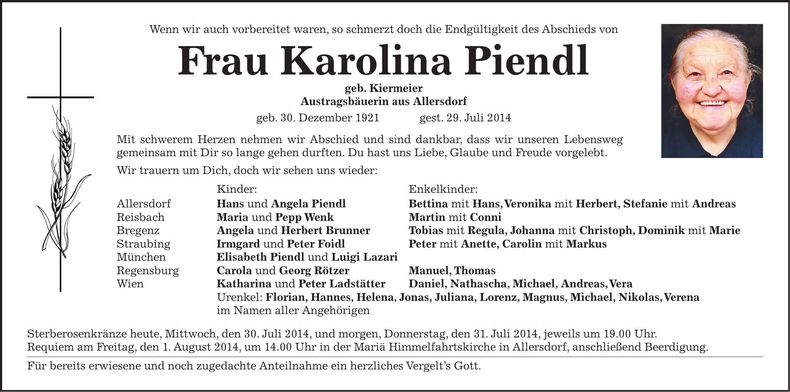 Traueranzeige Karolina Piendl