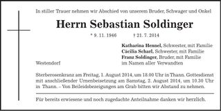 Traueranzeige Sebastian Soldinger