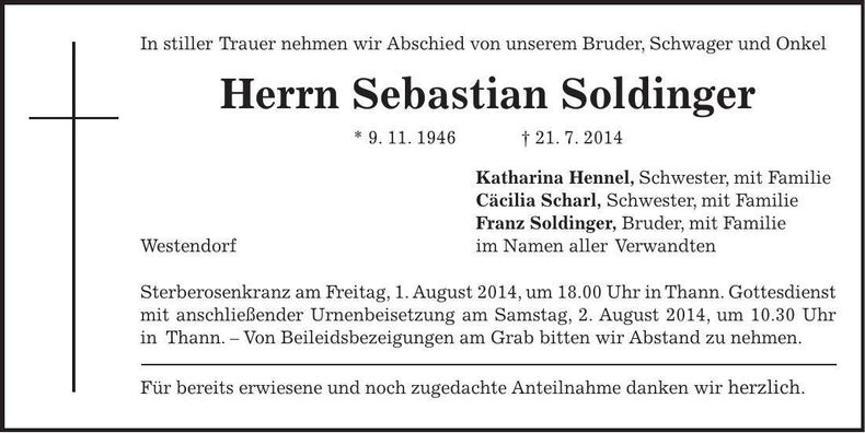 Traueranzeige Sebastian Soldinger