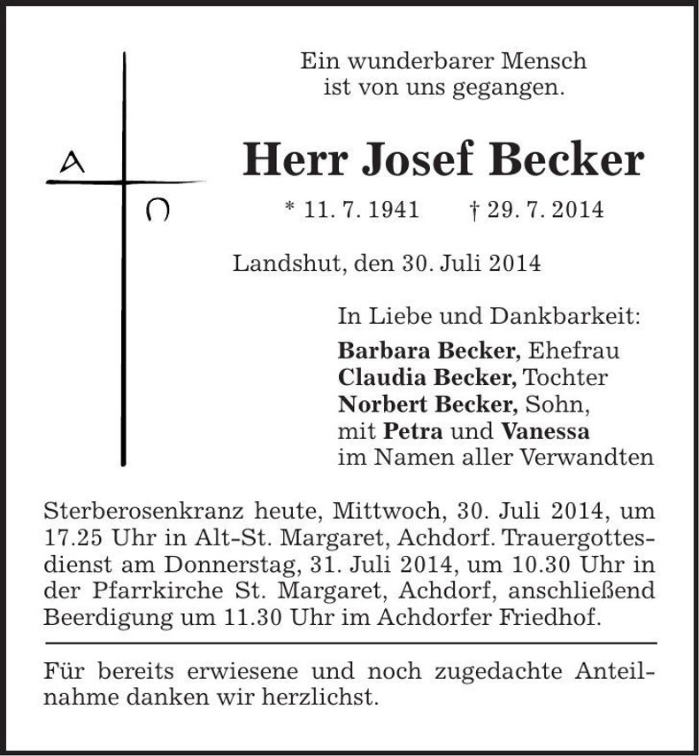 Traueranzeige Josef Becker