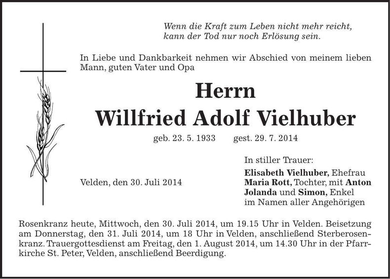 Traueranzeige Willfried Adolf Vielhuber