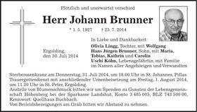 Traueranzeige Johann Brunner