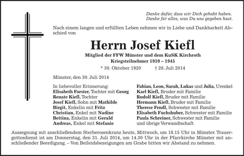 Traueranzeige Josef Kiefl
