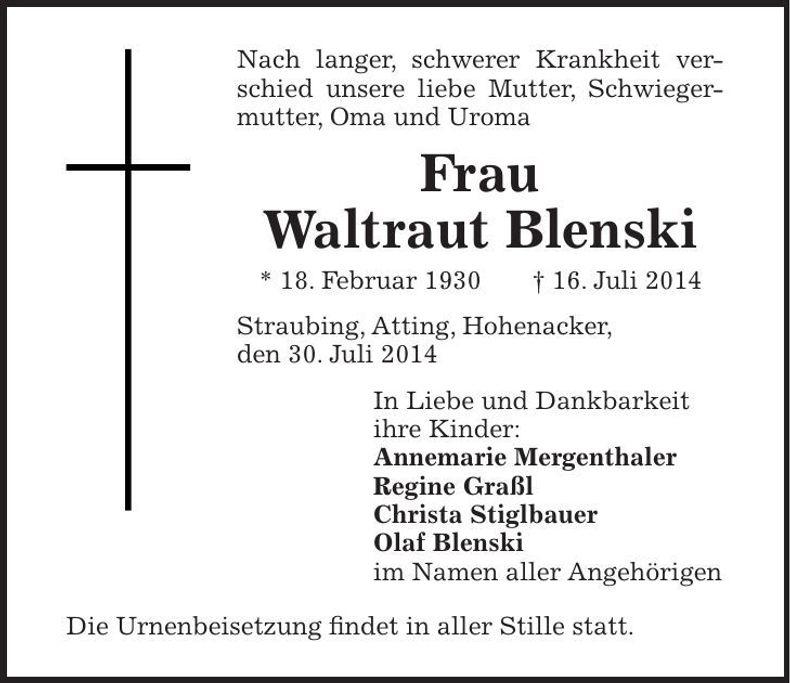 Traueranzeige Waltraut Blenski
