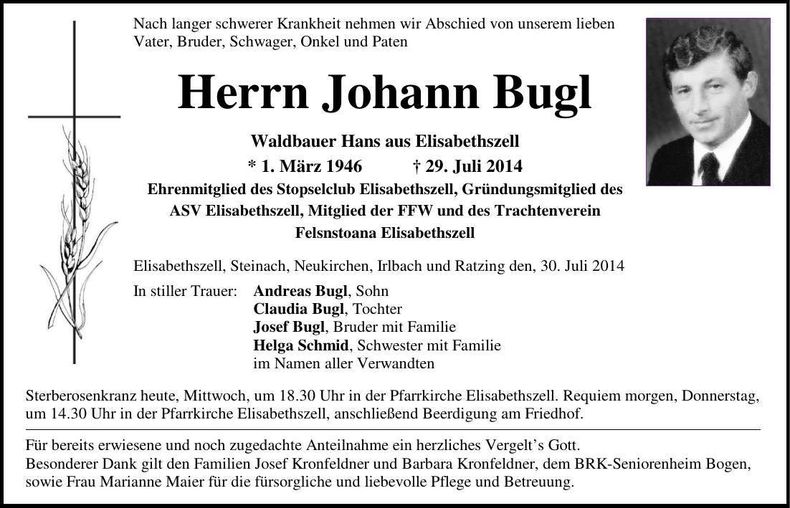 Traueranzeige Johann Bugl