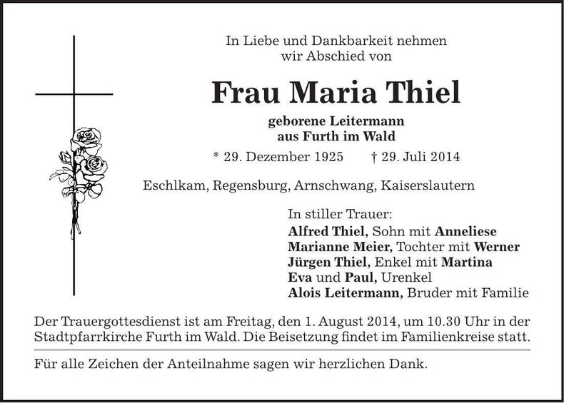 Traueranzeige Maria Thiel