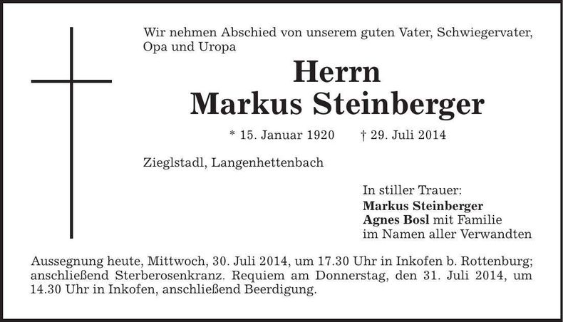 Traueranzeige Markus Steinberger