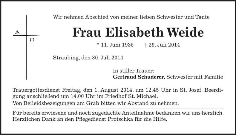 Traueranzeige Elisabeth Weide
