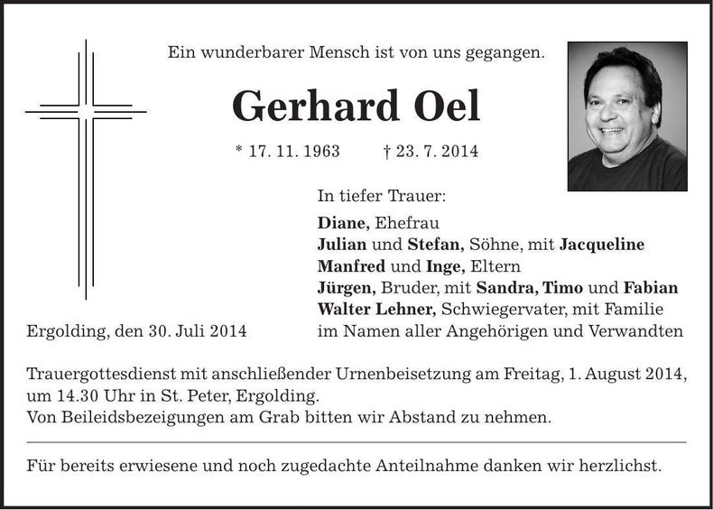 Traueranzeige Gerhard Oel