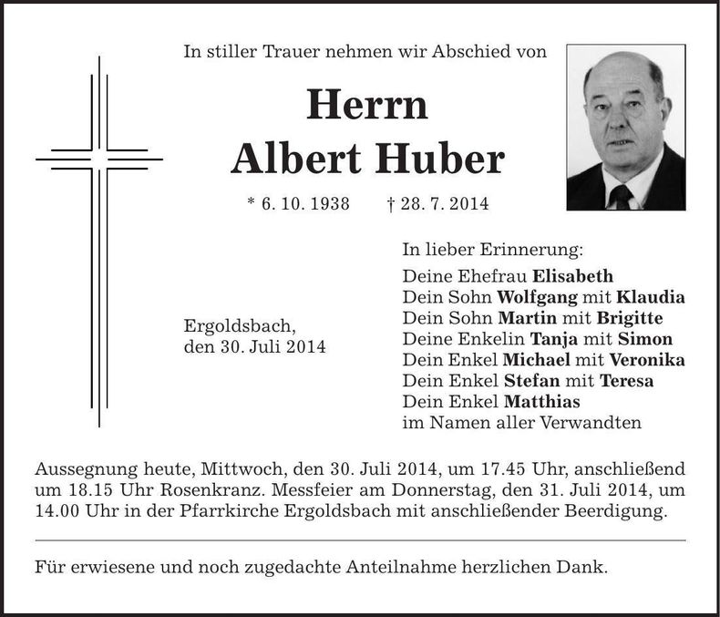 Traueranzeige Albert Huber