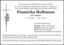 Traueranzeige Franziska Hoffmann