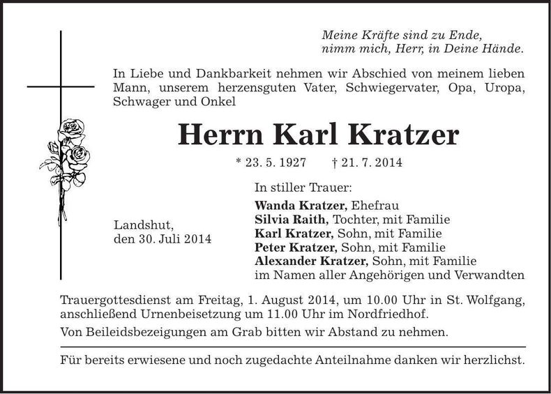 Traueranzeige Karl Kratzer