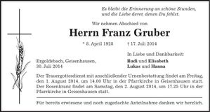 Traueranzeige Franz Gruber