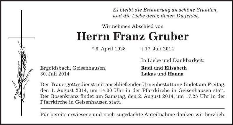 Traueranzeige Franz Gruber