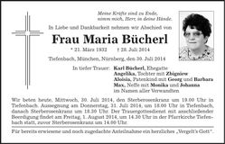 Traueranzeige Maria Bücherl