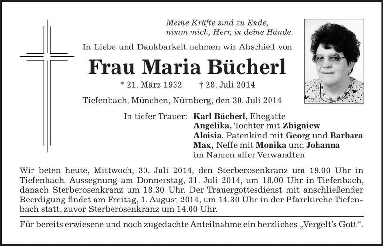 Traueranzeige Maria Bücherl