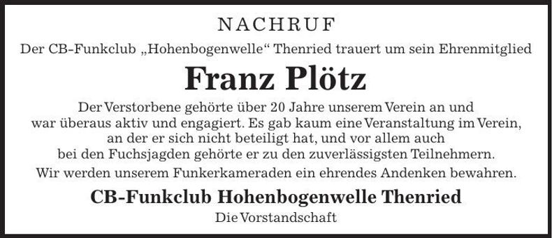 Traueranzeige Franz Plötz
