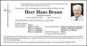 Traueranzeige Hans Braun