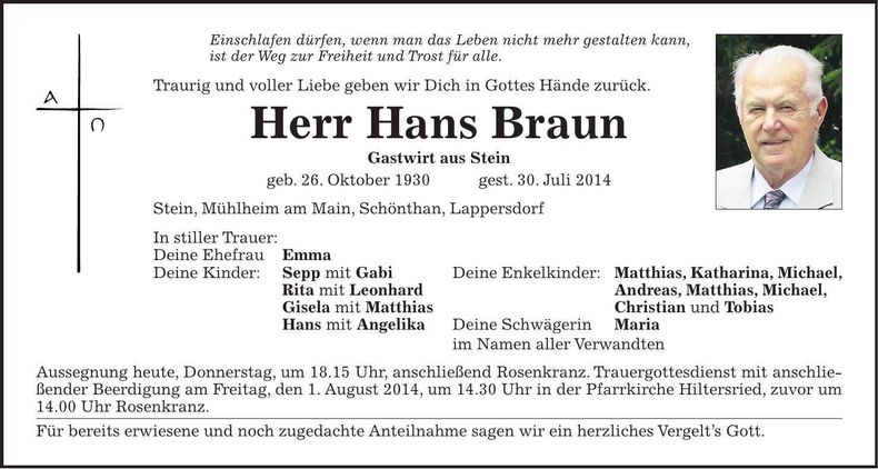 Traueranzeige Hans Braun
