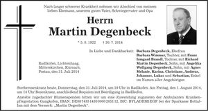 Traueranzeige Martin Degenbeck