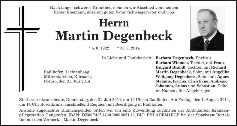 Traueranzeige Martin Degenbeck