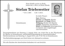 Traueranzeige Stefan Triebswetter