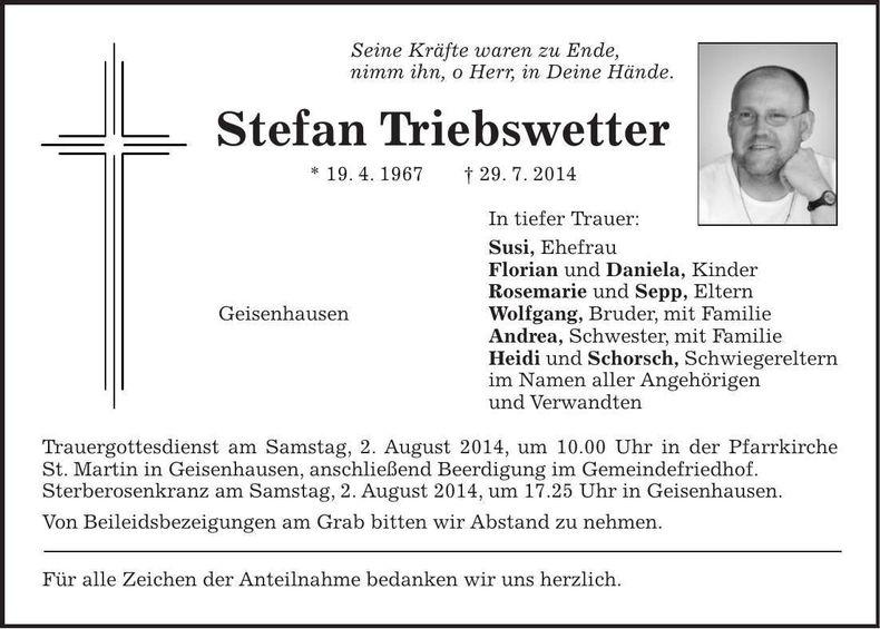 Traueranzeige Stefan Triebswetter