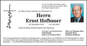 Traueranzeige Ernst Hofbauer